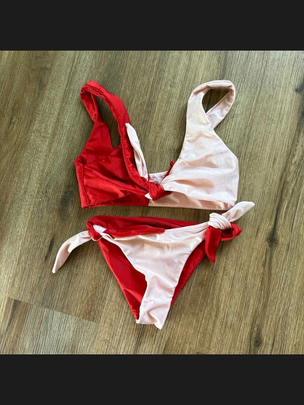 Tularosa Red and Light Pink Two-Tone Knot Bikini Set
